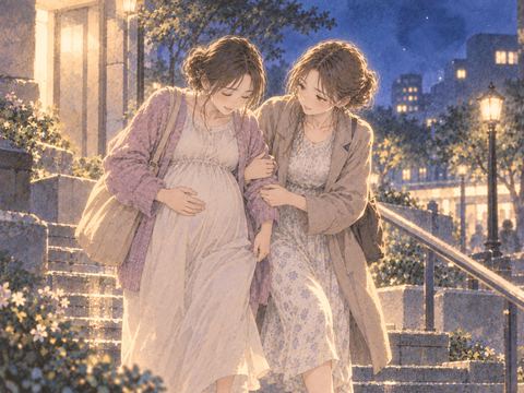 妊婦の歩みをそっと支える人物