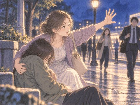 弱った人を抱き起こして助けを呼ぶ人物
