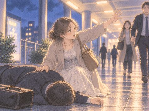 倒れた人のそばへ駆け寄る人物