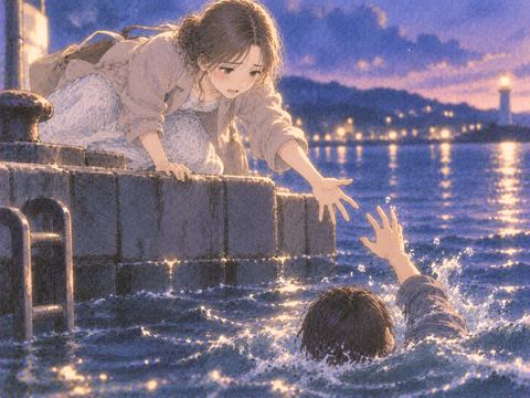 水辺から溺れる人へ手を伸ばす人物