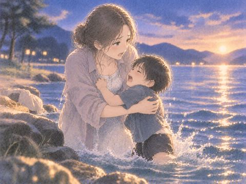 水から子供を抱き上げる大人