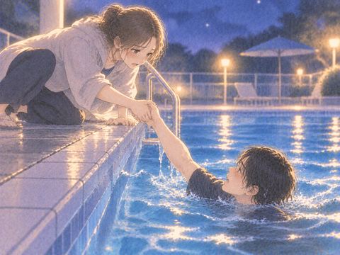 プールサイドから人を引き上げる人物