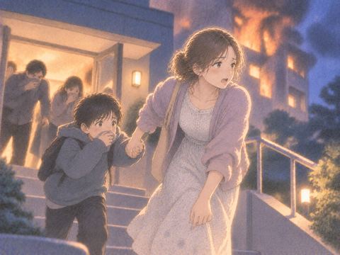 火のある建物から人を避難させる人物