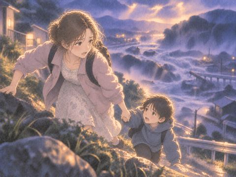 災害から誰かを連れて避難する人物