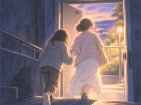 暗い場所から安全な明かりへ人を導く場面