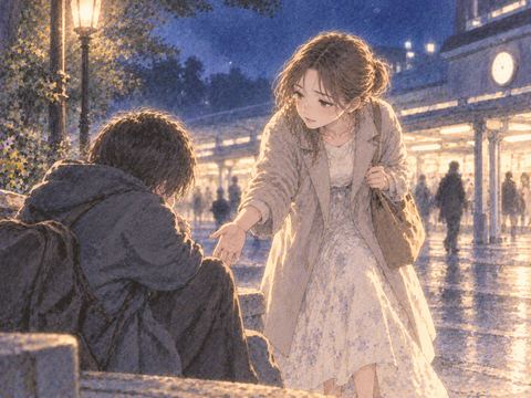 知らない人へ手を差し伸べる女性