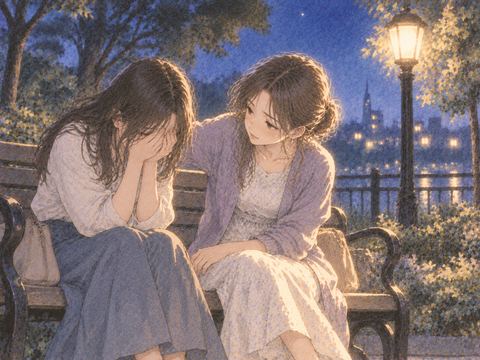 困っている女性に寄り添う人物