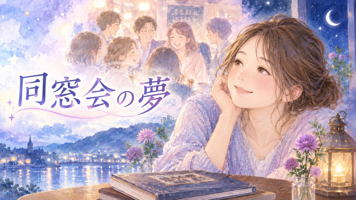 同窓会の会場を思い浮かべる大人の女性と昔の同級生たち