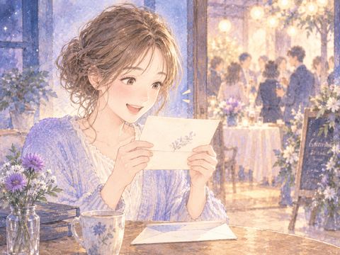 同窓会の招待状を受け取り嬉しそうに見る女性