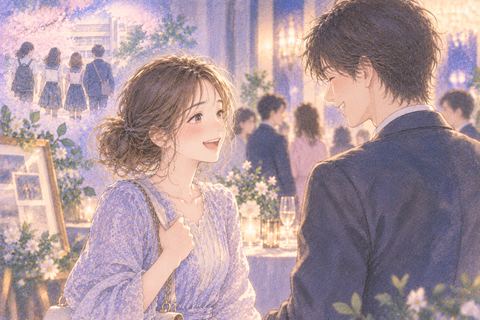 同窓会で昔の同級生と笑顔で再会する女性