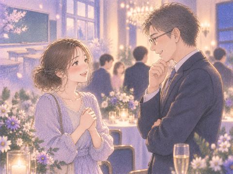同窓会で昔の先生と穏やかに話す女性
