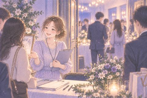 同窓会の受付で参加者を迎える女性幹事