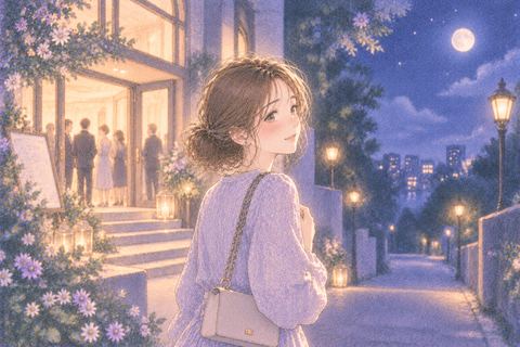 同窓会を終えて夜道を静かに帰る女性