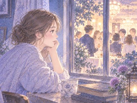 遠くの同窓会を窓辺から静かに見つめる女性