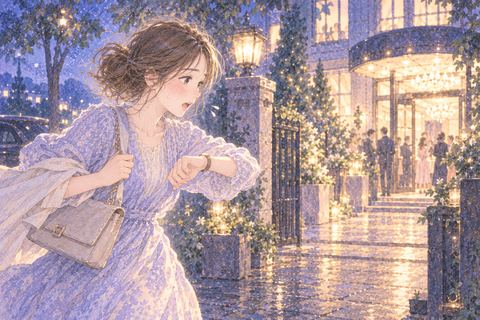 時計を見ながら同窓会の会場へ急ぐ女性
