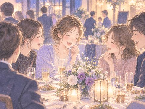 同窓会で昔の友人たちと笑い合う女性