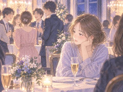 盛り上がる同窓会で居心地悪そうに座る女性