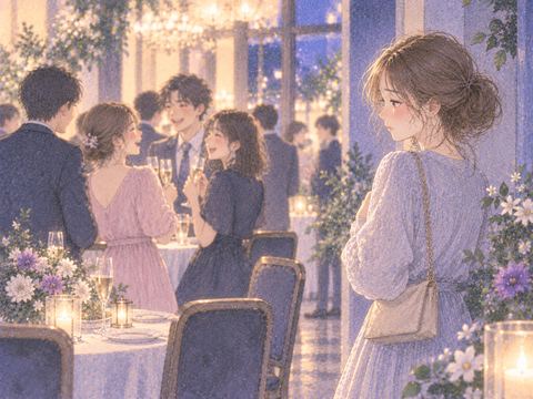 談笑する同級生の輪から少し離れて立つ女性