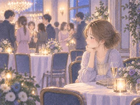 同窓会の会場で一人静かに座る女性