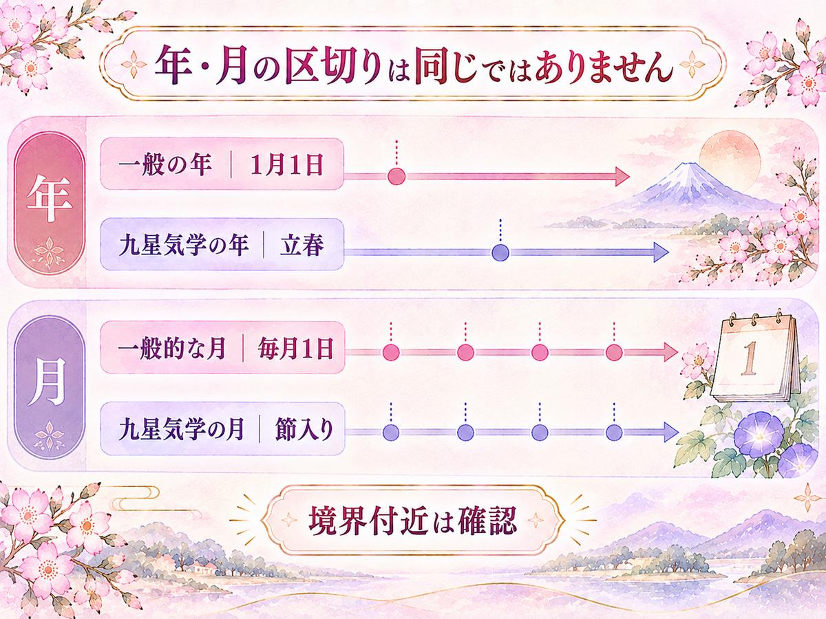 一般的な暦の1月1日・毎月1日と、九星気学の立春・節入りによる年と月の切り替わりを比較した時間軸図
