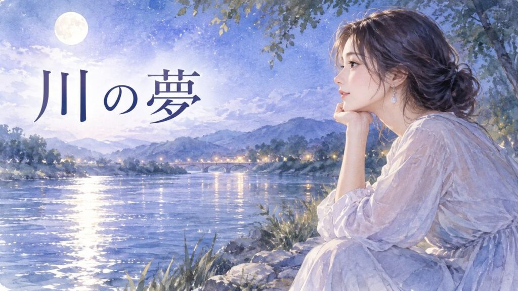 月明かりの川辺で水面を見つめる大人の女性