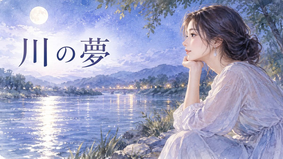 月明かりの川辺で水面を見つめる大人の女性