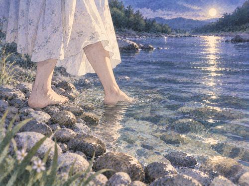 川岸から浅い水へ足を入れる人物