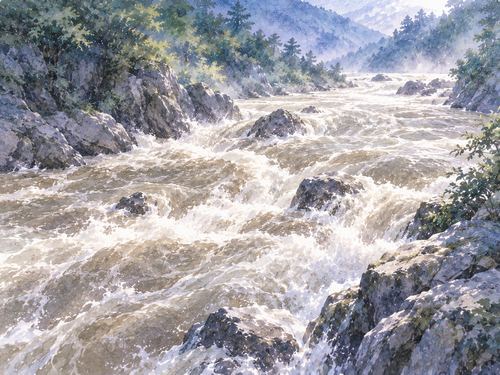 濁った水が勢いよく流れる川