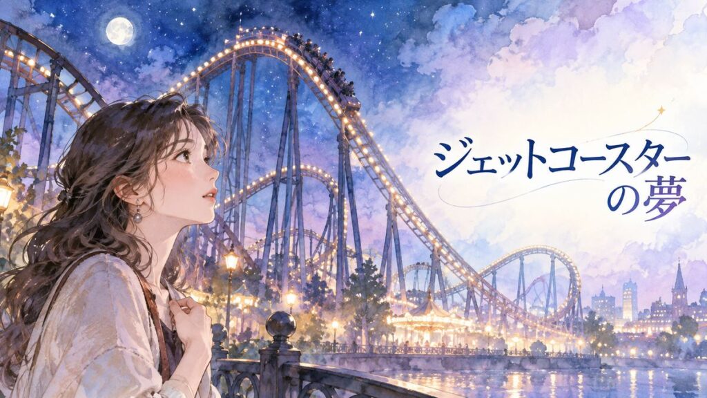 夜のジェットコースターを見つめる大人の女性