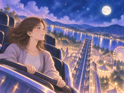 急なレールでも落ち着いて景色を見る人物