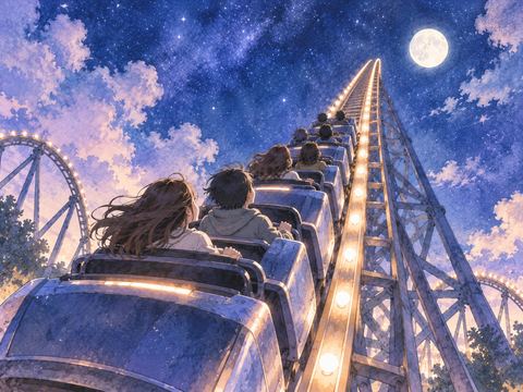 夜空へ急上昇するジェットコースター