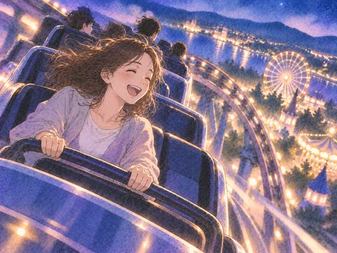 笑顔でジェットコースターを楽しむ大人の人物