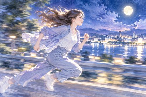 夜の道を全速力で駆け抜ける女性