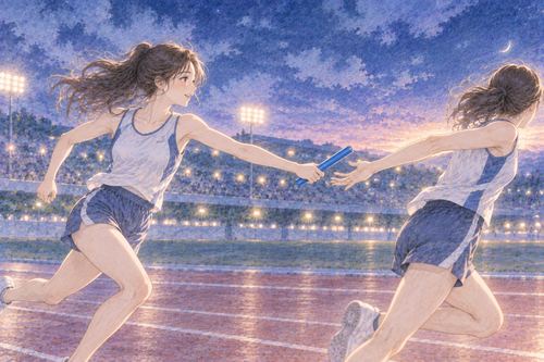 リレーでバトンを渡す二人の走者