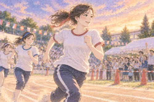 観客の前で運動会のコースを走る女性