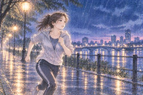 雨に濡れながら夜道を走る女性