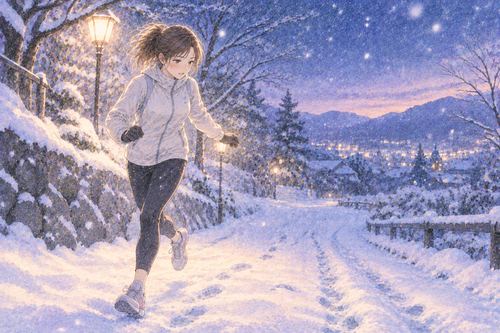 雪の積もった道を慎重に走る女性