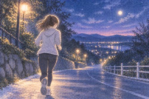 遠くの灯りへ向かって夜道を走る女性