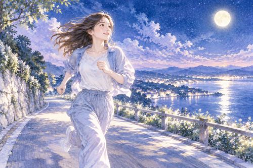 月明かりの道を気持ちよく走る女性