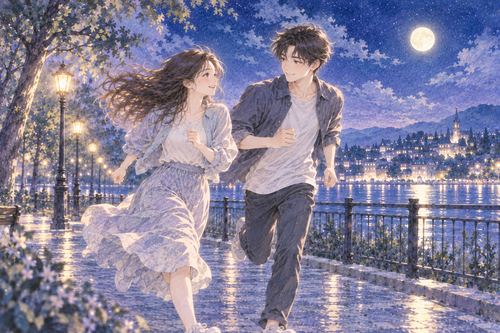 夜道を並んで走る二人の大人