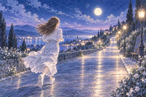 静かな夜道を一人で走る女性