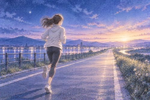 長いコースを走り続けるマラソンの女性