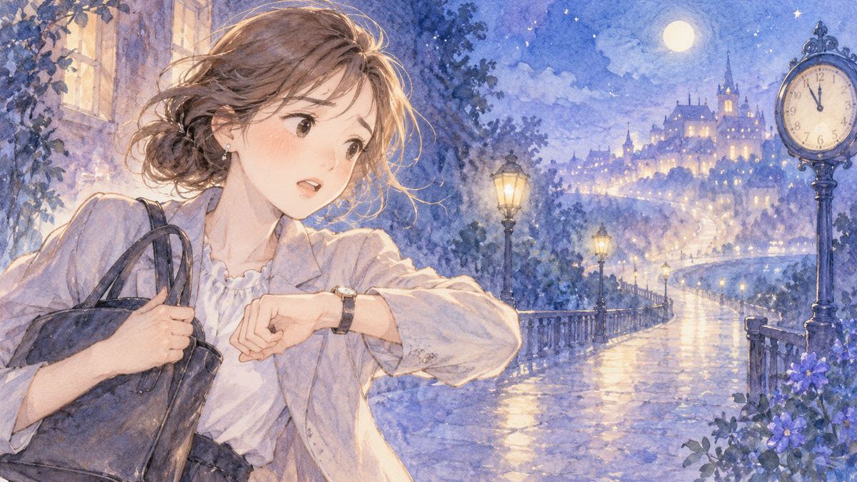 夜の時計を見て焦る大人の女性と遠くの光