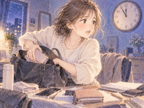時計を見ながら急いで支度をする女性