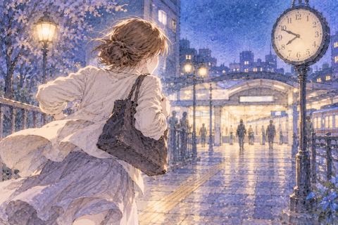 夜道を駅へ急ぐ女性と時計