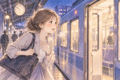 発車前の乗り物に間に合い安堵する女性