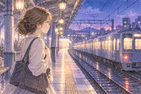 遠ざかる電車を静かに見送る女性