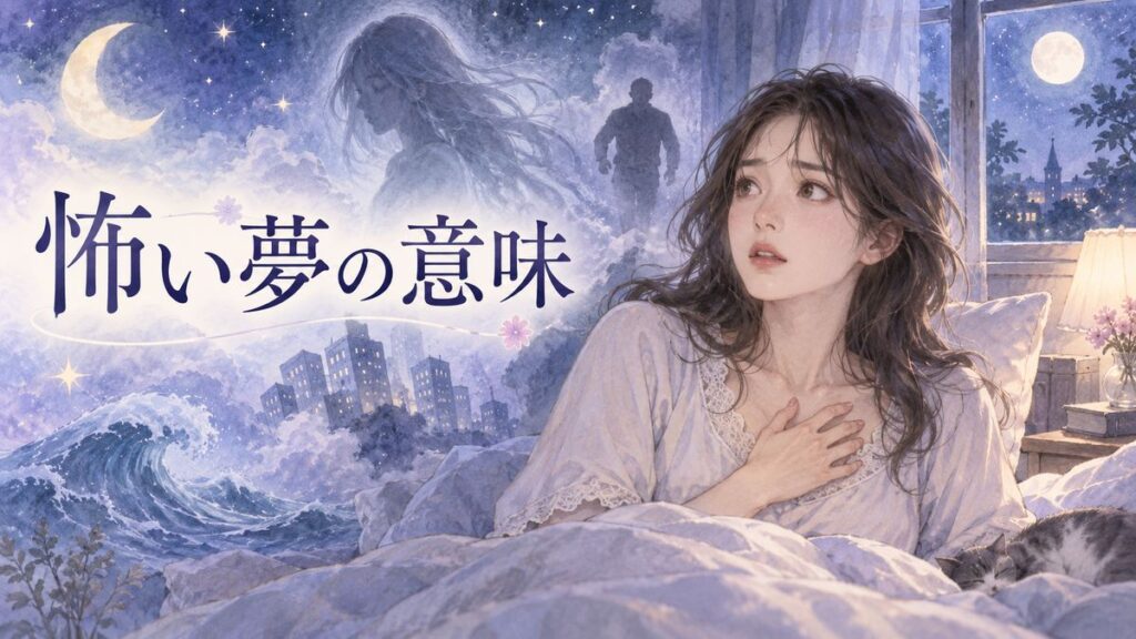夜に目覚めた大人の女性と、幽霊の影や追跡する人影、揺れる街並みなど怖い夢のモチーフ