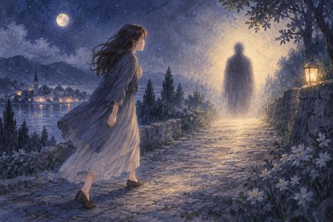 夜道で怖い人影に向き直って一歩踏み出す人物