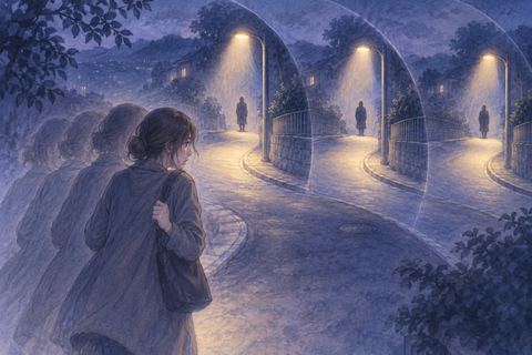 同じ夜道と追う人影が何度も重なって見える夢の人物
